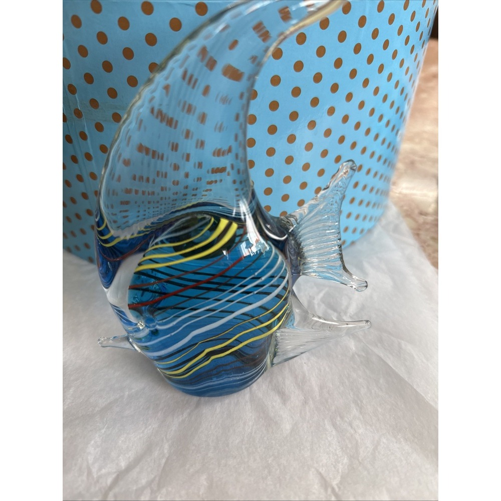 Hand Blown Art Glass Fish Figurine Blue Clear Green Striped Paperweight 7in